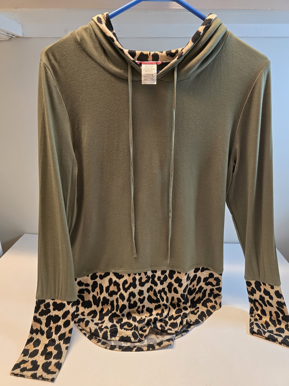 Pink Lily Olive Hoodie with Leopard Trim